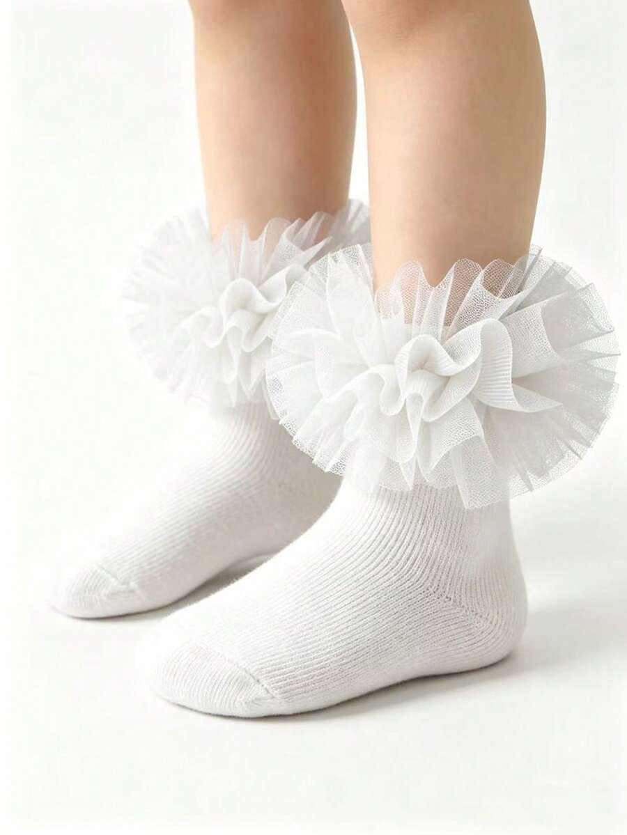 1 Pair Children/Baby Girls' Ruffle Floral Trim Socks - White - View 1