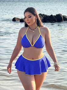 Swim Conjunto de traje de baño de 2 piezas para mujer de talla: Top con tirantes finos con estampado de lunares y Bottom de bikini con volantes en contraste - Azul - Ver 1