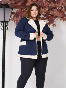 Vivi Women's Plus Size Coat With Button, Plush, Thick, Long Sleeve Winter - Navy Blue - View 1