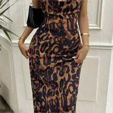 WNS  Vestido midi de cintura ceñida con estampado de leopardo para mujer, vestido largo de verano tipo sundress estilo Y2K - Café integral - Ver 1