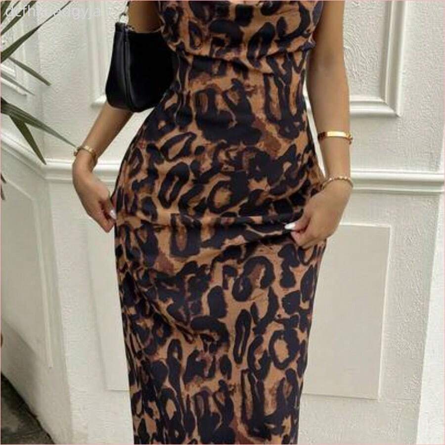 WNS Vestido midi de cintura ceñida con estampado de leopardo para mujer, vestido largo de verano tipo sundress estilo Y2K - Café integral - Ver 1