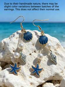 2pcs/Set Anting-Anting Gaya Laut Modis dari Kerang Imitasi & Mutiara, Cocok untuk Dekorasi Liburan Pantai dan Pesta Wanita - MultiWarna - View 7