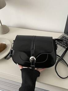 女款半月形翻蓋腰扣斜跨包，適合購物、錢包，適合年輕女性、大學生、職場新人、上班族 - 黑色 - 查看 4