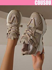 2024 New Women's Sneakers Thick Sole Chunky Sneakers, Brown Increase Height Mesh Breathable Patchwork, Spring/Summer - Khaki - View 4