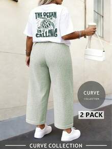 Plus Size Women's Printed Short Sleeve T-Shirt + Plaid Wide Leg Pants 2-Piece Set | "The Sea Is Calling" Slogan And Sea Turtle Print | Loose Fit | Suitable For Women's Carnival, Valentine's Day, Music Festival, Daily And Holiday Wear Vacation Elegant Summer - 綠色 - 查看 2