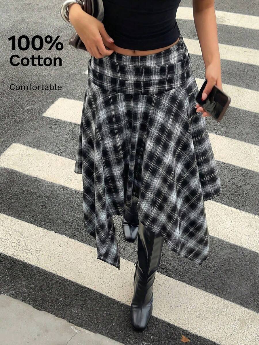 Plaid Midi Skirt With Asymmetric Hem, New Spring/Summer Look For Women, Retro Y2K Style - 黑白 - 查看 1