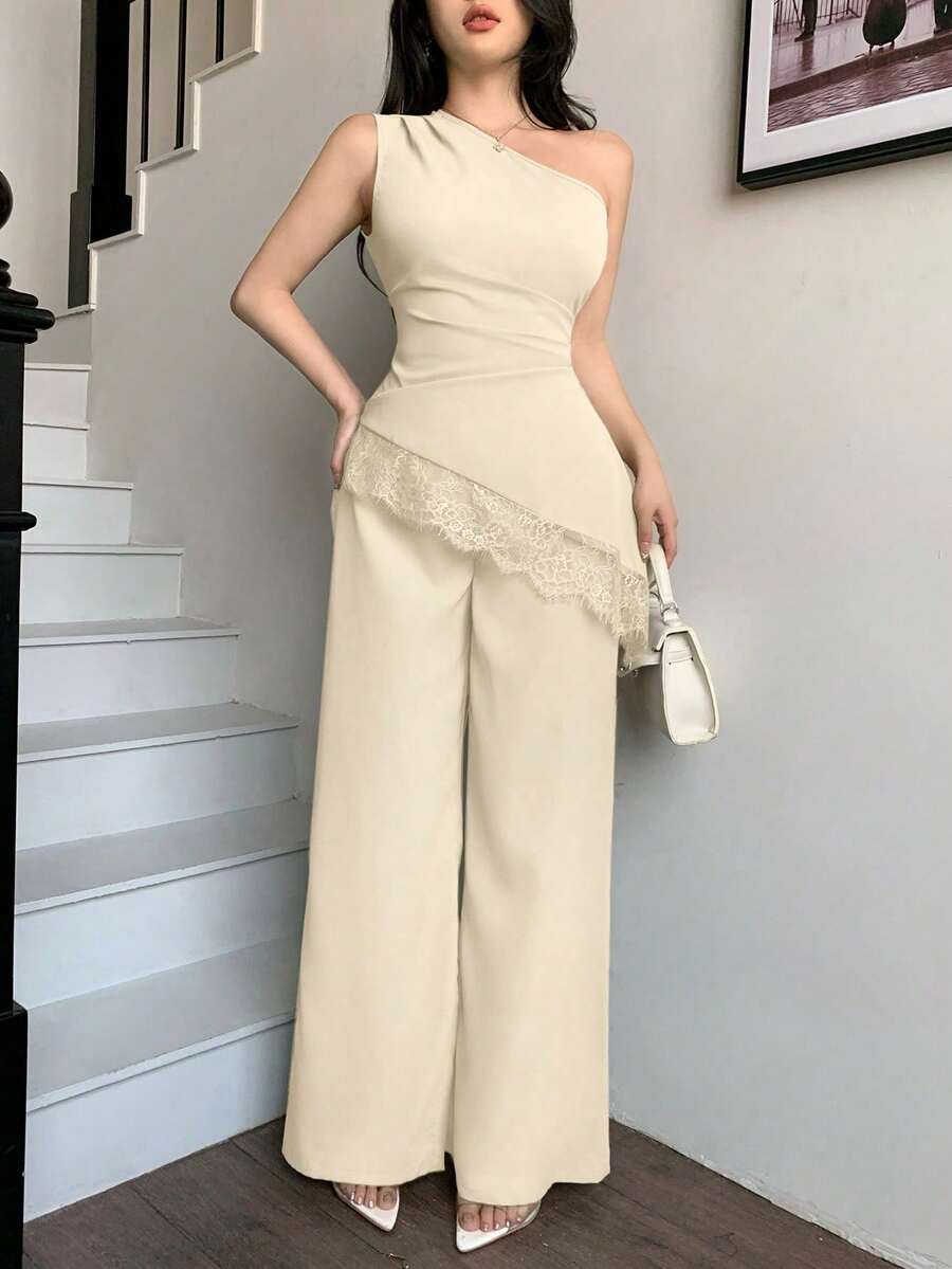 abyoxi Conjunto de 2 piezas de top sin mangas con cintura fruncida y parches de encaje con dobladillo asimétrico, y pantalones de pierna ancha para mujer, sexy y elegante, adecuado para ir al trabajo, salidas diarias, eventos formales, citas, fiestas, bodas, vacaciones, San Valentín, conjunto de primavera/verano con top ajustado y pantalones largos - Albaricoque - Ver 1