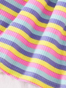 2pcs/Set Toddler Girls' Casual Cute & Elegant Bow Decor Striped & Solid Color Ruffle Hem Dress Outfit, Summer - Multicolor - View 3