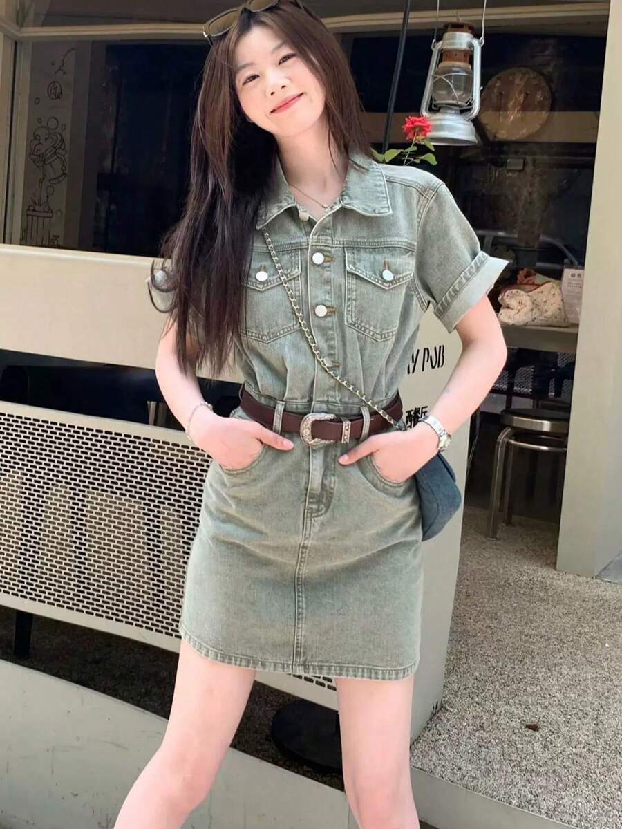 [2026 Summer Emo Retro] Short-Sleeved Denim Dress With A Defined Waist For A Flattering Silhouette. Mini Length. One Piece For A Complete Stylish Look. Affordable And Flattering. Women's Dress. - Retro Blue Denim Dress - View 1