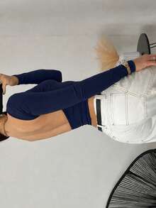 Women's Basic Cropped Backless Long-Sleeved Top In High Quality. Simple, Elegant, Casual. Backless. - 藏蓝色 - 查看 2