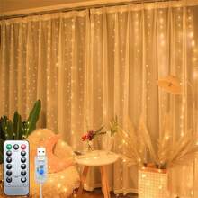 1 pièce Lumière de rideau USB avec télécommande, LED blanc chaud, 8 fonctions, convient pour la chambre, lumières de fée, guirlandes lumineuses, décoration de Noël/Halloween pour la maison, lumières d'ambiance de fête, lumières de décoration de mariage, lumières de décoration de fête, lumières de décoration d'anniversaire, lumières de décoration de jardin, lumières de décoration de remise des diplômes/camping, automne/Noël - Guirlandes lumineuses USB pour rideaux - Voir 3