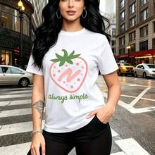Camiseta de mujer con estampado de fresa estilizada en rosa y la letra "N" blanca - diseño casual con frase "always simple", ajuste cómodo y fresco, estilo urbano ideal para paseos por la ciudad, compras o días relajados - regalo perfecto para mamá, - Blanco - Ver 11
