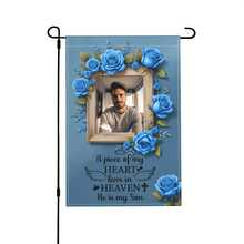 Soft Light Blue Base 3D Blue Rose Wreath Wooden Photo Frame Son Memorial Custom Garden Flags Personalized DIY Cemetery Lawn Yard Religious Christian Family Loss Funeral Remembrance Tender Condolence Outdoor Wall Tribute Banner Decoration - Multicolor - View 4