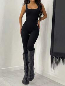 Women Summer Fall Casual Seamless Knit Solid Color Sports Outdoor Tight Romper Unitard Jumpsuit - Black - View 3