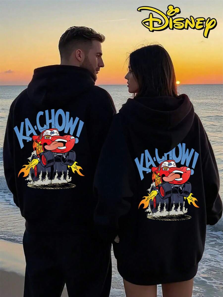 Couples Disney Cars Lightning McQueen Print Hooded Sweater, Casual Street Style Sweatshirt, Single Piece 1pcs - 男士黑色 - 查看 1