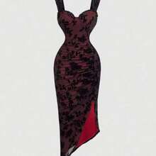 WNS  MOD Vestido con estampado floral, plisado y dobladillo asimétrico con abertura, vestidos en tonos pastel para mujer - Rojo y negro01 - Ver 1