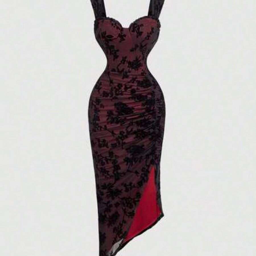 WNS MOD Vestido con estampado floral, plisado y dobladillo asimétrico con abertura, vestidos en tonos pastel para mujer - Rojo y negro01 - Ver 1