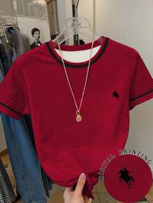 Camiseta casual de mujer de cuello redondo y manga corta a rayas, versátil para uso diario, verano - Rojo - Ver 1