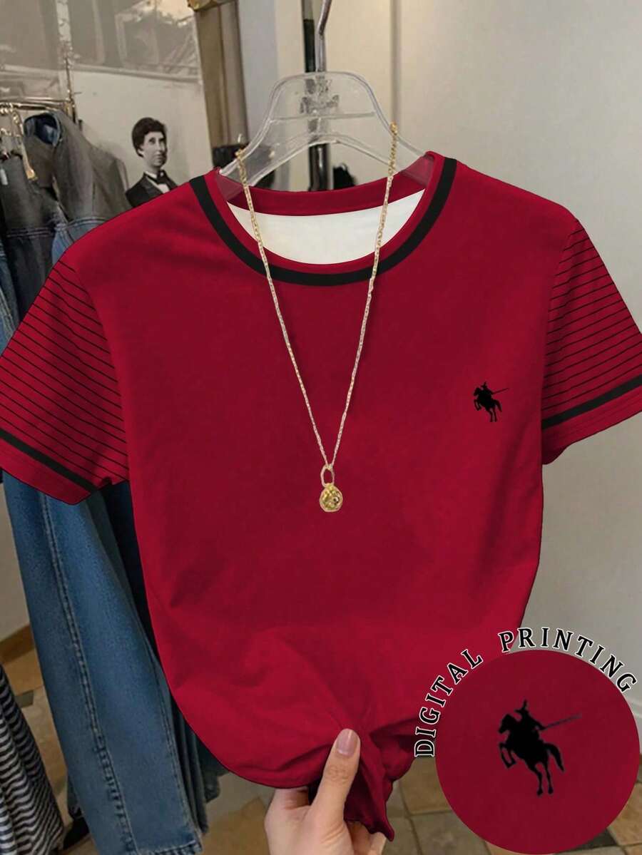 Camiseta casual de mujer de cuello redondo y manga corta a rayas, versátil para uso diario, verano - Rojo - Ver 1