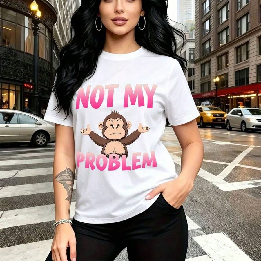 Camiseta de mujer con estampado divertido de mono encogiendo hombros y frase "NOT MY PROBLEM" en rosa - camiseta casual de manga corta con cuello redondo, ajuste cómodo y estilo urbano moderno - ideal para paseos por la ciudad, días soleados o tardes - Blanco - Ver 1
