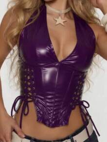 Women's Cropped Corset In Faux Leather, Adjustable With Front Lacing, Strapless, Sexy And Elegant Rodeo Style. - Purple - View 2