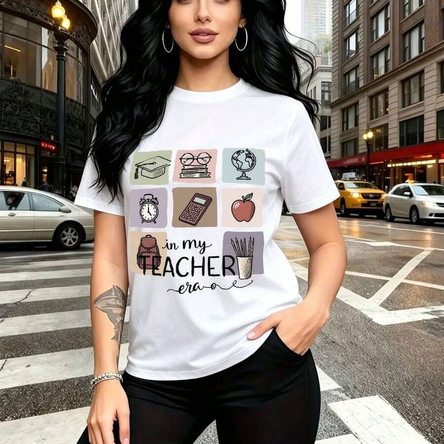 Camiseta de mujer con estampado educativo de nueve iconos escolares y la palabra "TEACHER" - diseño casual de manga corta con ajuste cómodo y moderno, ideal para el Día del Maestro en México - perfecta para regalar a mamá, esposa, novia, hermana mayo - Blanco - Ver 1