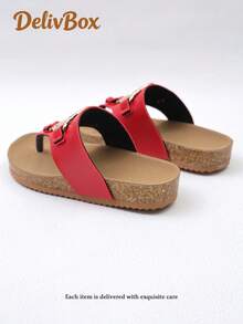 1 Pair Girls' Black Toe-Loop -Style Slide Sandals For Retro Casual Summer Wear(Sole/Sole Color Random) - Red - View 2