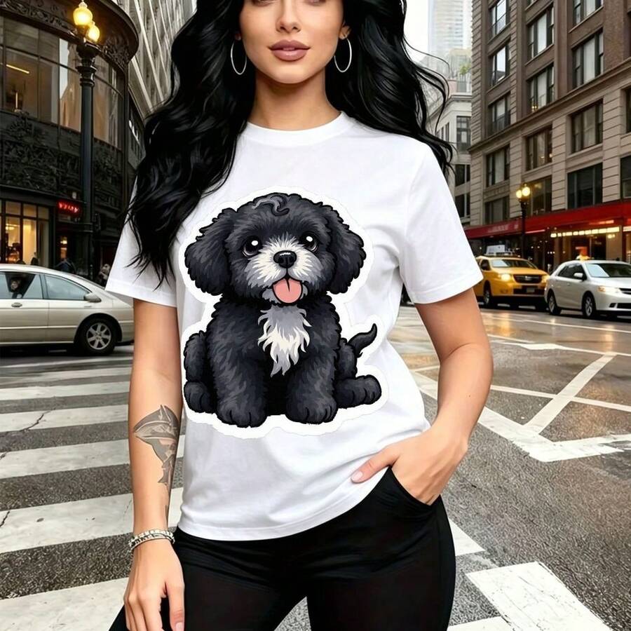 Camiseta de mujer con estampado de perro negro esponjoso caricatura con lengua fuera y contorno blanco - camiseta casual de cuello redondo, ajuste cómodo y estilo urbano vibrante - ideal para paseos por la ciudad, salidas casuales y regalo perfecto p - Blanco - Ver 1