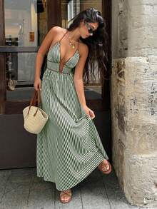 Vestido Cuello Halter Espalda Descubierta Rayas Disponible en Múltiples Colores - Verde Oscuro - Ver 4