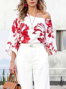 Blusa de mujer con estampado floral y hombro asimétrico de manga corta - Rojo y blanco - Ver 1