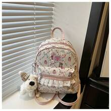 Bolso de cuero genuino de lujo, clásico y elegante, adecuado para uso diario y ceremonias. Mochila de gran capacidad para estudiantes con colgante con estampado de chica dulce 2026. - Rosa con colgante - Ver 2
