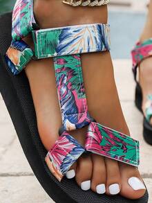 Neue Damensandalen für den Sommer, bohemianischer tropischer Pflanzendruck mit Klettverschluss offene Zehenpartie, bequeme flache Strandschuhe, lässige Urlaubsfußbekleidung für Frauen - Blau - Übersicht 11