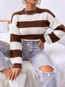 Women's Striped Cropped Knit Blouse With Balloon Sleeves And Round Neck, Autumn/Winter , Premium Knit Fabric, Sweater Style. - Rỉ Nâu - Xem 7