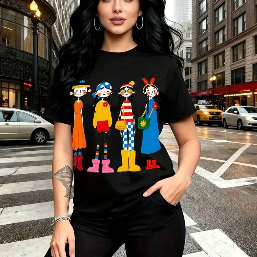 Camiseta de mujer con estampado colorido de cuatro payasos estilizados en naranja, amarillo, azul y rojo - camiseta casual de manga corta con cuello redondo, ajuste cómodo y vibrante, estilo urbano y divertido con toques de arte callejero - ideal par - Negro - Ver 1