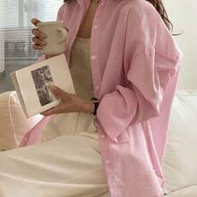 Camisa de botones con hombros caídos de color sólido, blusas de manga larga para otoño - Rosa - Ver 7