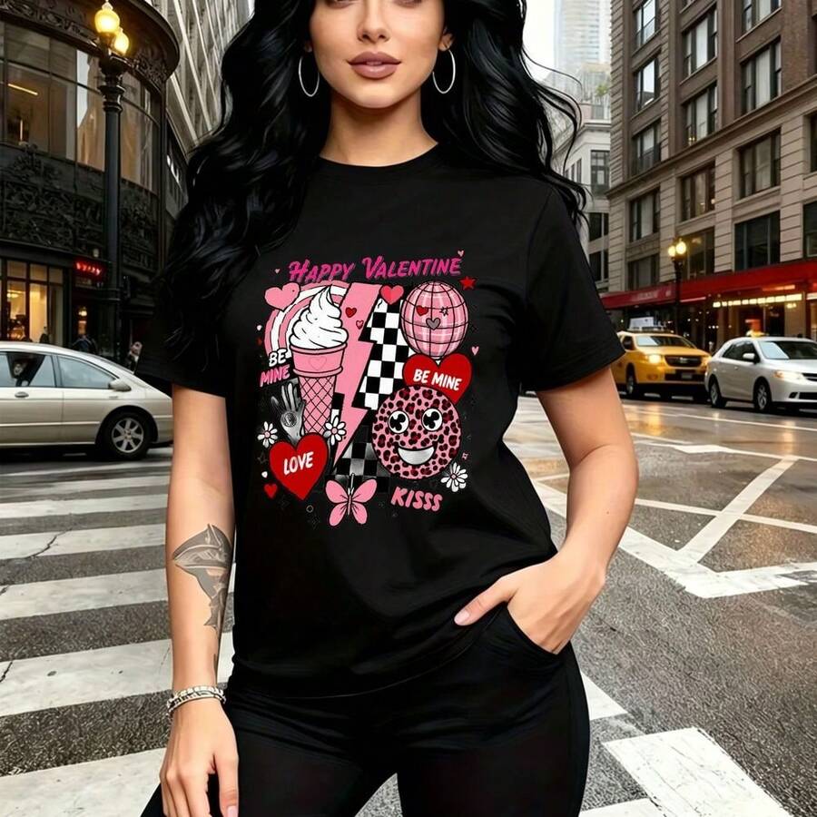 Camiseta de mujer con estampado festivo de San Valentín y dulces - camiseta casual de manga corta con diseño colorido de helados, donas y corazones, ajuste cómodo y moderno - ideal para celebraciones románticas, citas especiales y regalo perfecto par - Negro - Ver 1