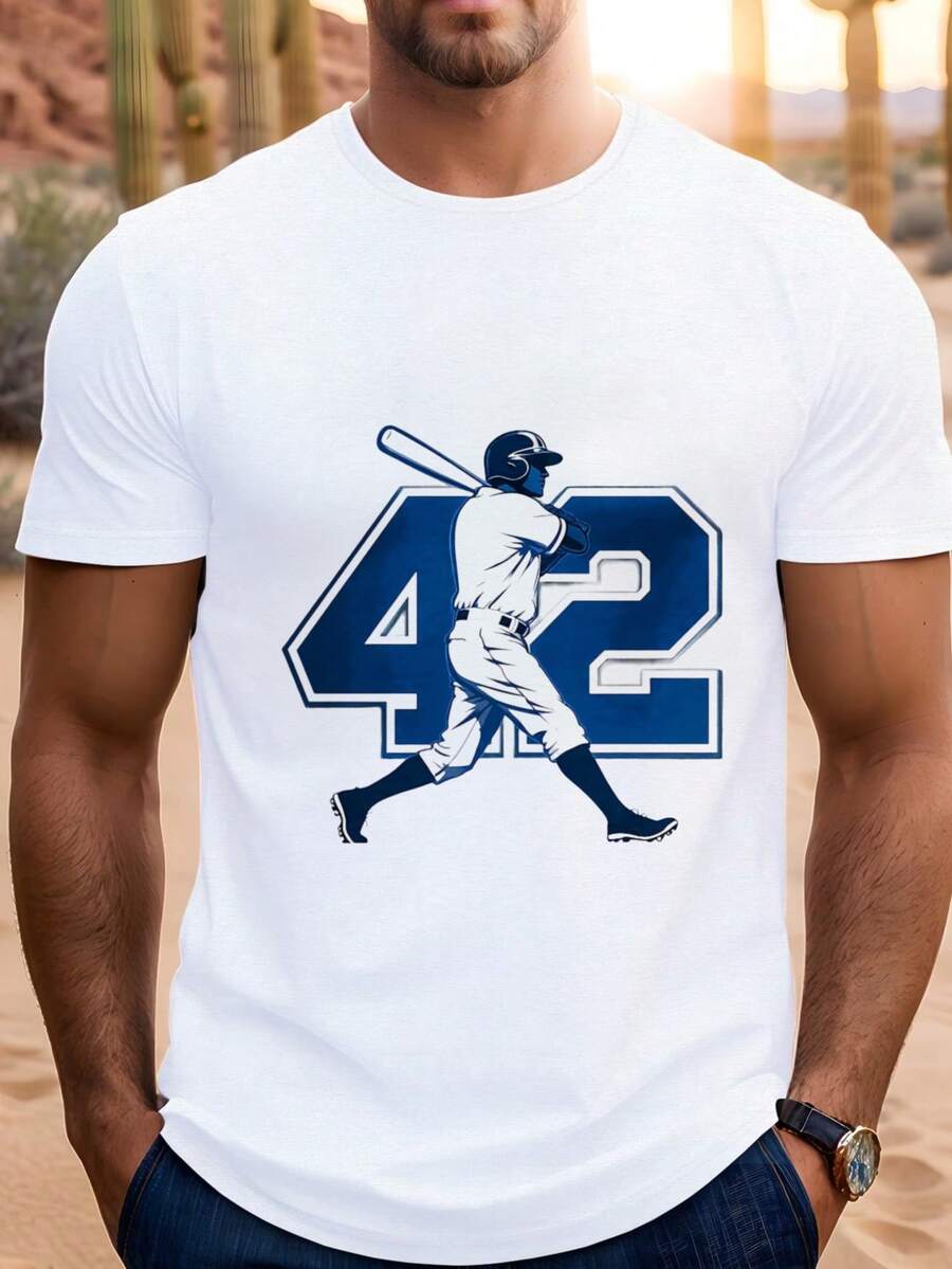 Baseball Player Number Forty-Two. Digital Print. Short Sleeve. Unisex. Pure Cotton. Loose And Comfortable. - 白色 - 查看 1