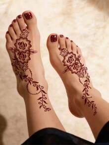 2 hojas de pegatinas de tatuaje para mano completa con diseño floral marrón rojo borgoña, pegatinas de tatuaje sexy para dedos de los pies para mujeres, pegatinas de tatuaje con estampado floral de henna, pegatinas de tatuaje impermeables, pegatinas de tatuaje marrón para mujeres, pegatinas de arte corporal, pegatinas de tatuaje marrón rojo para boda y fiesta - Rojo - Ver 5