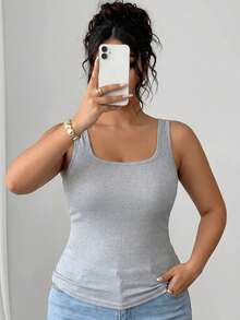 1pc Women's Plus Size Round Neck Tank Top, Built-In Bra, Soft & Comfortable Sleeveless Top, Suitable For Daily & Casual Wear - Grey - View 4