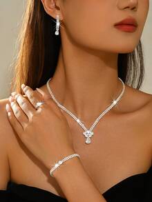 4 piezas Conjunto de joyería nupcial, collar con incrustaciones de cristal, aretes, anillo, pulsera, diseño de gota brillante para novia, adecuado para baile de graduación, boda, compromiso, Día de San Valentín, vacaciones de verano - Multicolor - Ver 8