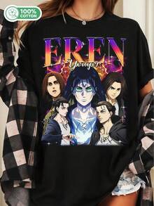 Eren Yeager Attacks On Titan Cotton T-Shirt, Anime Oversized Tee - Black - View 1