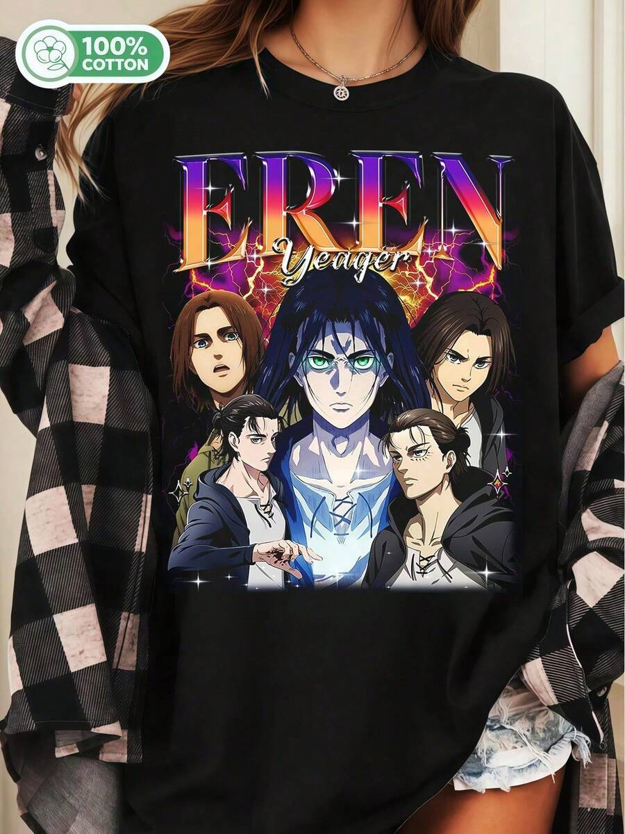 Eren Yeager Attacks On Titan Cotton T-Shirt, Anime Oversized Tee - Black - View 1