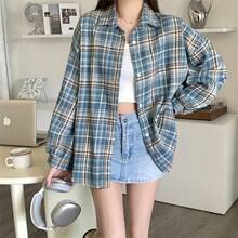 Camisa de franela negra para mujer, camisa a cuadros de tartán abotonada con cuello de manga larga, chaqueta informal para adolescentes y niñas, traje diario - Color 4 - Ver 3