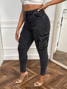 Curvy size jeans ajustados de mezclilla con bolsillos de trabajo - negro y gris - Ver 3