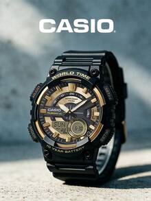 Đồng hồ Casio nam, mặt số kim, dây đeo nhựa màu đen vàng, pin dùng được 10 năm, chống nước 100M, giờ thế giới, đồng hồ thể thao AEQ-110BW-9A - màu đen - Xem 8