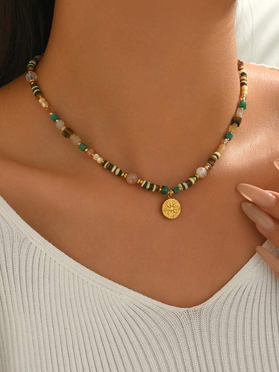 1 pieza Collar de mujer con colgante redondo de piedra natural de acero inoxidable y cuentas de colores, estilo vintage elegante apto para uso diario (color de las cuentas aleatorio) - Oro-N1122 - Ver 1
