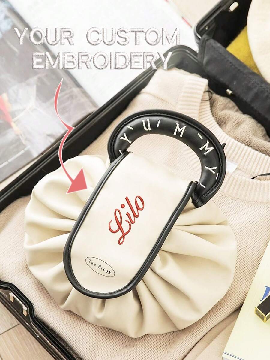 1件可客製化刺繡姓名PU抽繩化妝包，大容量收口便攜收納袋，奢華風化妝包，適合學生/上班族日常收納/旅行/日常補妝/旅行收納/節日禮物 - 彩色 - 查看 1