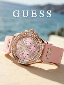 Guess Jam Tangan Multifungsi Wanita Warna Rose Gold, Tali Silikon Merah Muda, Bezel Bertabur Kristal, Dial Berlian Imitasi, Kronograf, Jam Tangan Wanita Berkilau yang Modis - Satu-Ukuran - View 4
