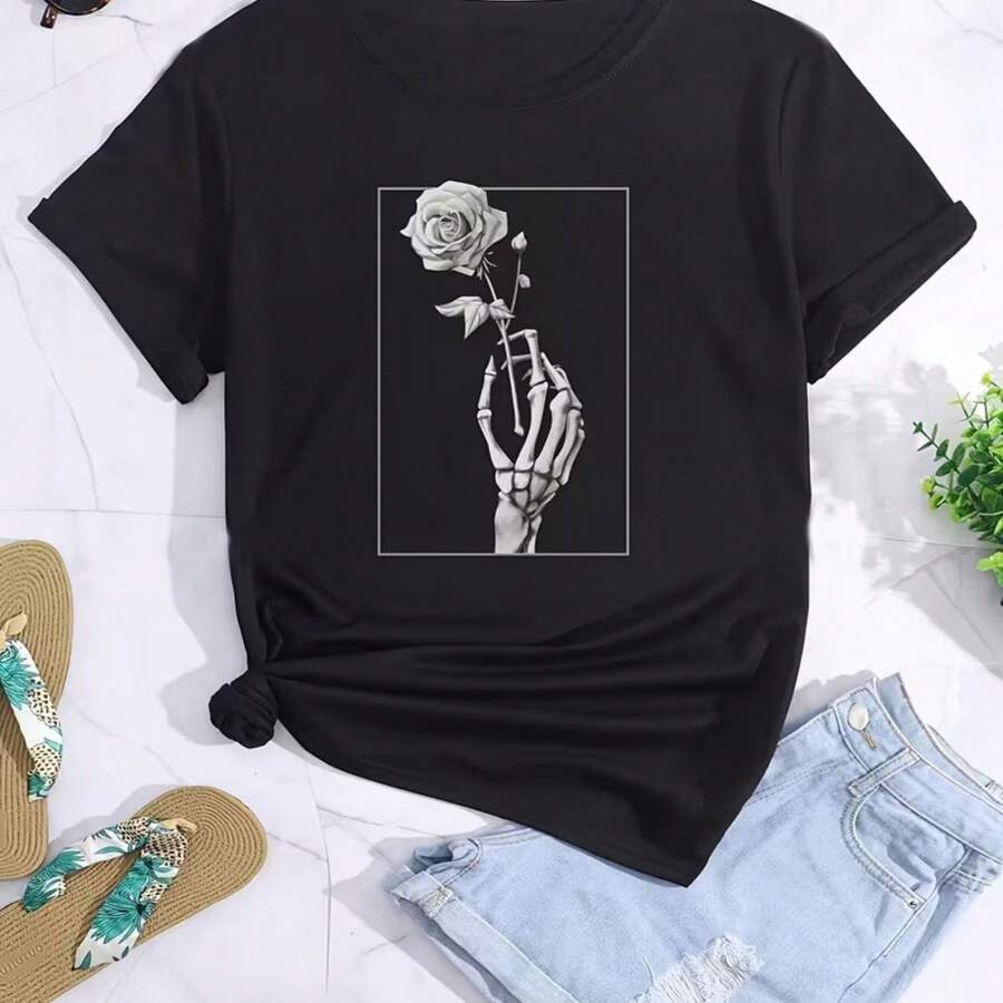 Camiseta con Estampado de Mano y Flor - Negro - Ver 1