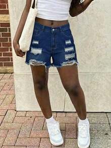 Quần short denim Bermuda nữ dáng rộng tối giản, mài rách, gấu sờn, phong cách thường ngày mùa hè - Rửa tối - Xem 3